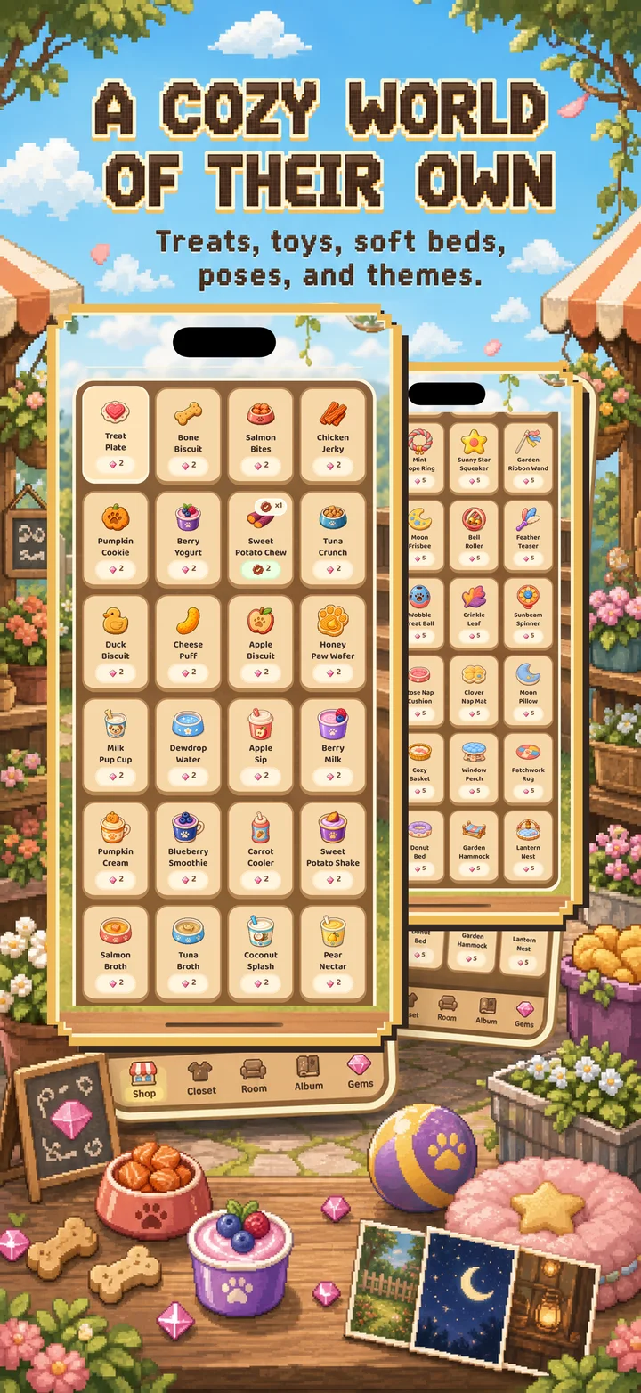 A cozy world of their own with treats, toys, soft beds, poses, and themes